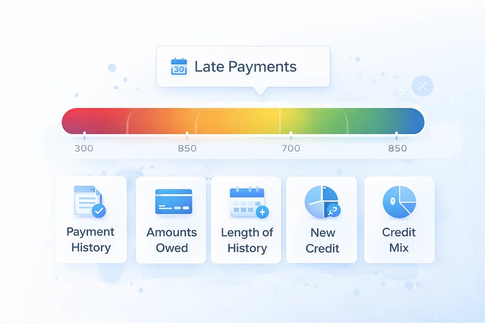 Credit score impact factors infographic with late payments scale